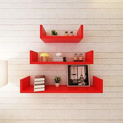 Amaze Shoppee Engineered Wood Glossy Finish U-Shaped Floating Shelves for Home Storage Organization (Red) MDF (Medium Density Fiber) Wall Shelf(Number of Shelves - 3, Red)