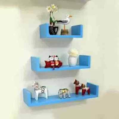 Woodenstories ® wooden U shape floating wall book rack shelf for living room wall shelf MDF (Medium Density Fiber) Wall Shelf(Number of Shelves - 3, Blue)
