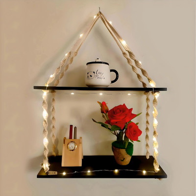 VAH Wood Macrema Knotting Rope 2 tier Wall hanging Wall shelf With LED light Wooden Wall Shelf(Number of Shelves - 2, Black)