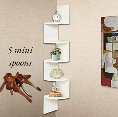 CraftOnline CraftOnline Wooden Wall Mounted Wall Zigzag Corner 5 Shelves With 5 Mini spoons Wooden, MDF (Medium Density Fiber) Wall Shelf(Number of Shelves - 5, White, Brown)
