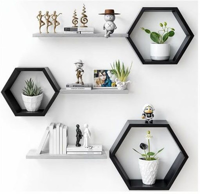 WallWonder Wooden Hanging Floating Haxagon Shape Shelf Showcase 4 Storage Nos-6 blkWhite MDF (Medium Density Fiber) Wall Shelf(Number of Shelves - 6, White, Black)
