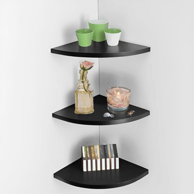Timbercraft Wooden Corner / Wall Mount / Wall Shelf / Wall Rack / Decor Room / Temple Shelf MDF (Medium Density Fiber) Wall Shelf(Number of Shelves - 3, Black)