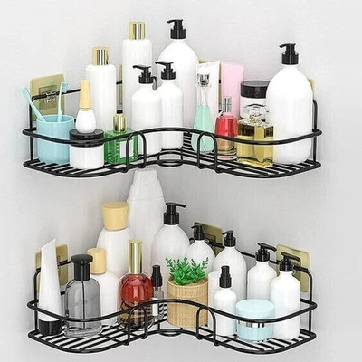 ZenZone Self-Adhesive Metal Bathroom Corner Shelf Rack Pack of 2 | Wall Mount Organizer Iron Wall Shelf(Number of Shelves - 2, Black)