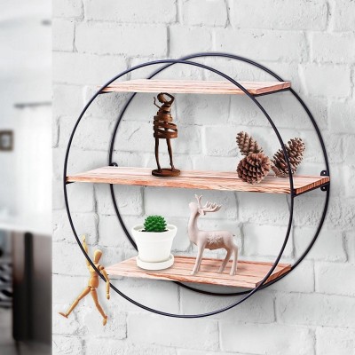 ONLINECRAFTS wood round iron wall shelf 3 no black Iron, Wooden Wall Shelf(Number of Shelves - 3, Black, Brown)