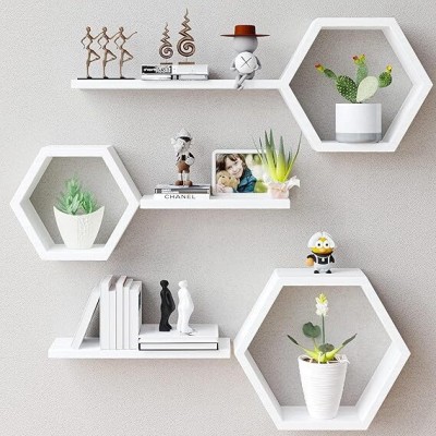 WallHeaven Hexagon Floating Shelves for Living Room, Bedroom, Bathroom, Kitchen Wooden, MDF (Medium Density Fiber) Wall Shelf(Number of Shelves - 6, White)