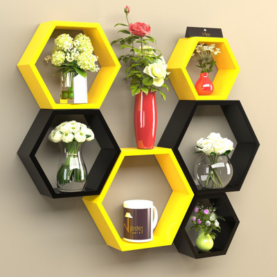 Onlineshoppee Hexagonal Shape Wooden Floating Wall Shelves (Set of 6) Wooden Wall Shelf(Number of Shelves - 6, Yellow, Black)