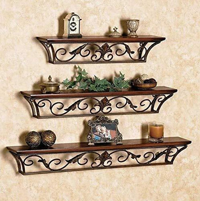 HEIMHOLZ Wood & Iron Wall Shelves Iron, Wooden Wall Shelf(Number of Shelves - 3, Brown)