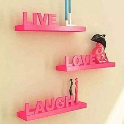 SBhandicrafts Home Decor Beautiful Floating Wall Mount Live Love Laugh Wooden Rack Wooden Wall Shelf(Number of Shelves - 3, Pink)