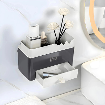 Jinila Wall Mounted Storage Shelf with Mini Drawer and Separate Scissors Compartment Plastic Wall Shelf(Number of Shelves - 1, Beige, Grey)