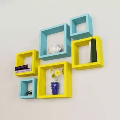 Woodenstories wooden good floating square shape wall shelf for cube shelf MDF (Medium Density Fiber) Wall Shelf(Number of Shelves - 6, Yellow, Blue)