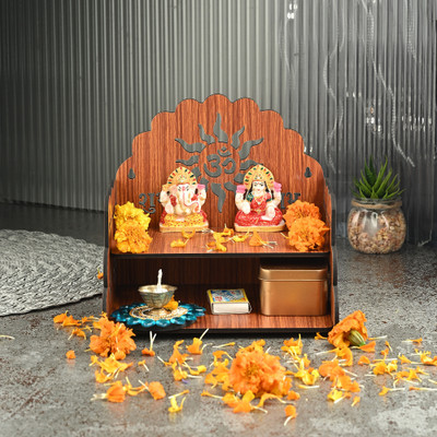 Gojeeva Premium Subh Labh Om Carved Pattern Devghar, Wooden Mandir Temple(DIY) Wooden Wall Shelf(Number of Shelves - 1, Brown)