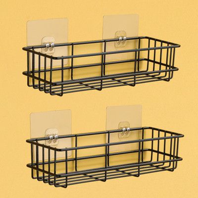 Frap Sticker Wall Mounted Bathroom Corner/ Rack/ Storage Organizer Iron, Steel Wall Shelf(Number of Shelves - 2, Black)