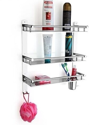 GLOXY 3-Layer Use Shelf Organizer Bathroom Shelf and Rack with Toothbrush Holder Stainless Steel Wall Shelf(Number of Shelves - 3, Silver)