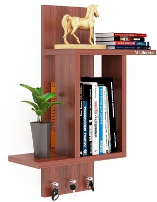 Madhuran Engineered Wood Wall Mounted Books Shelf Display Rack Key Holder Classic Walnut Wooden Wall Shelf(Number of Shelves - 1, Brown)