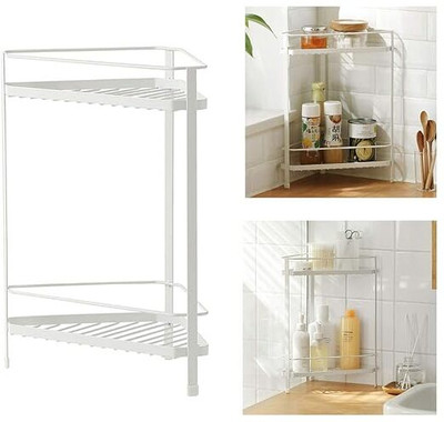 Indian Decor 21022 Iron Metal 2 Tier Shower Corner Shelf Storage Shelves Rack Iron Wall Shelf(Number of Shelves - 1, White)