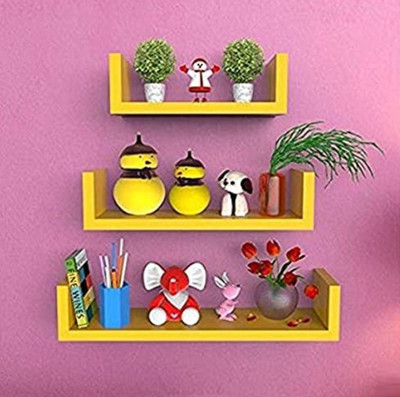 TFS Hanging Floating Wall Mount U Shape Wall Shelf for Home/Living Room Decoration MDF (Medium Density Fiber) Wall Shelf(Number of Shelves - 3, Yellow)