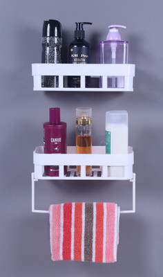 Xena 2 Bathroom Shelves 1 Towel Hanger Bathroom Hardware Accessories, Storage Racks Plastic Wall Shelf(Number of Shelves - 2, White)