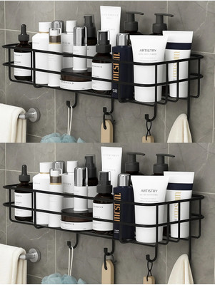Zolento Self-Adhesive Bathroom Shelf, Rustproof Wall Storage Rack with 4 Hooks Iron Wall Shelf(Number of Shelves - 2, Black)
