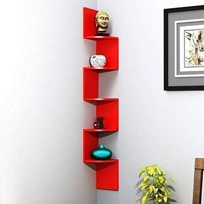 MDSWool Zig Zag Home Decor Floating Display Rack Storage Shelf for Living Room Red MDF (Medium Density Fiber), Wooden Wall Shelf(Number of Shelves - 5, Red)