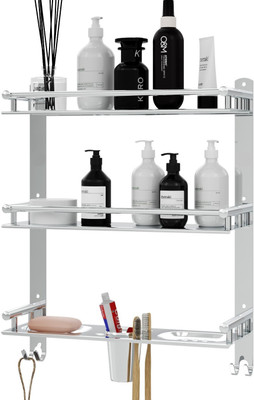 GLOXY 3 Layer Bathroom Shelf with Double Soap Dish and Toothbrush Holder Soap Holder Stainless Steel Wall Shelf(Number of Shelves - 3, Silver)