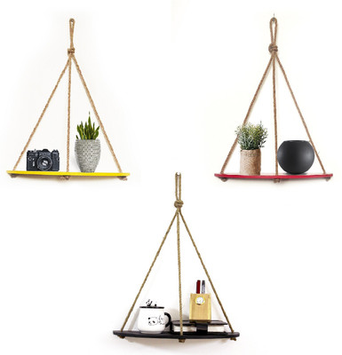 VAH Wall Hanging Shelf, 3 Set of Halfover Design Multi colour Wood Floating Shelves for Wall Rustic Rope Shelves -Wood Hanging Shelf Bohemian Wooden Wall Shelf(Number of Shelves - 1, Multicolor)