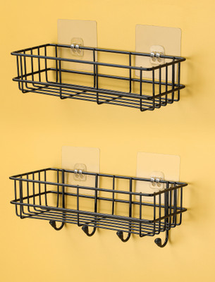 ADONZ Self-Adhesive Multi-use Shelf-One is with Hook One shelf without Hook,Pack of 2 Iron Wall Shelf(Number of Shelves - 2, Black)