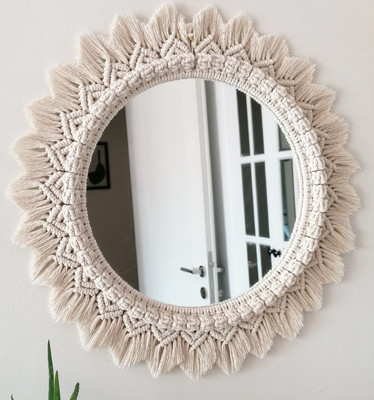 RAKANO Macrame Wall hanging Mirror home decor living room(40 cm X 40 cm, OFF WHITE)