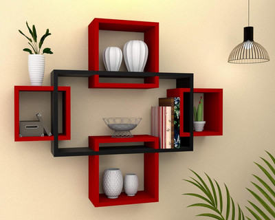 Aaira Crafts 5-interlock-RD-BK Wooden Wall Shelf(Number of Shelves - 5, Red, Black)