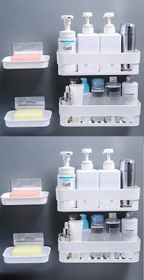 YIXTY Bathroom Shelf Kitchen Shelf Soap Box Stand Combo - Wall Mount Bathroom Accessories for Home Decor with Self Adhesive Sticker - White (Combo Bathroom Shelves 4Pcs+ Soap Stand 4Pcs) Plastic Wall Shelf(Number of Shelves - 8, White)
