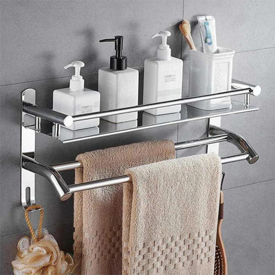 Nexanest Rack for Bathroom Storage/Multipurpose Steel Bathroom Shelf/Hooks & Towel Hanger Stainless Steel Wall Shelf(Number of Shelves - 1, Silver, Steel)