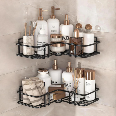 ZenZone Multipurpose Self Adhesive Wall-Mounted Corner Storage Rack Bathroom (Pack Of 2) Iron Wall Shelf(Number of Shelves - 2, Black)