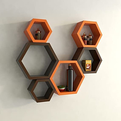 T M A TRADER Hexagon wall shelves wall Decor home Decor Hexagon Shape Storage MDF (Medium Density Fiber) Wall Shelf(Number of Shelves - 6, Brown, Orange)