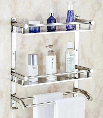 GLOXY Double Layer Shelf with Towel Rod - Bathroom Shelves for Optimal Storage Stainless Steel Wall Shelf(Number of Shelves - 2, Silver)