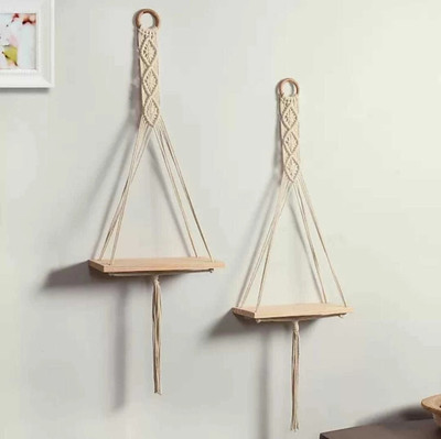JANAKI SHOP Macrame Rope Hanging Used as Wall Decor for Home Decoration Wooden Wall Shelf(Number of Shelves - 2, Beige)