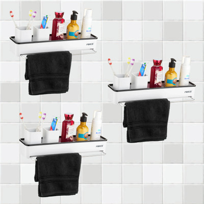FORCE ABS Plastic White Floating Shelf with (Pack of 3) Towel Rod (16 x 4 Inches) Plastic, Stainless Steel Wall Shelf(Number of Shelves - 3, White, Black)
