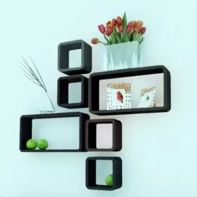 RESHUZ wall shelf Cube Shape Wall Hanging Decorative Shelf set of 6 Wooden Wall Shelf(Number of Shelves - 6, Black)