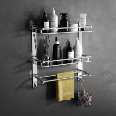 GLOXY Stainless Steel Multipurpose 3 Layer Shelf Rack for Bathroom with Loofa Holder Stainless Steel Wall Shelf(Number of Shelves - 3, Clear)