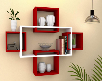 Aaira Crafts 5-interlock-RD-W Wooden Wall Shelf(Number of Shelves - 5, White, Red)