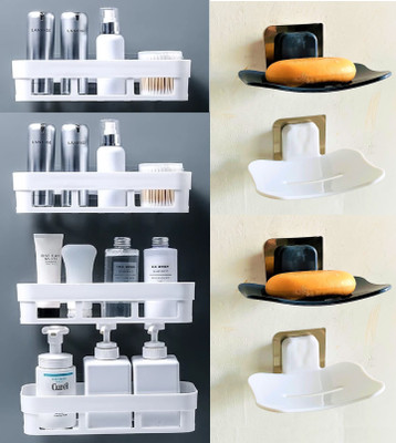 QXORE White Bathroom Shelves 4 Pcs + Soap Stand 4 Pcs Multipurpose and Rack for Home Plastic Wall Shelf(Number of Shelves - 8, White)