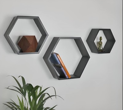 TFS Hexagon Floating Wall Mount Wall Shelf for Home/Living Room Decoration MDF (Medium Density Fiber) Wall Shelf(Number of Shelves - 3, Grey)