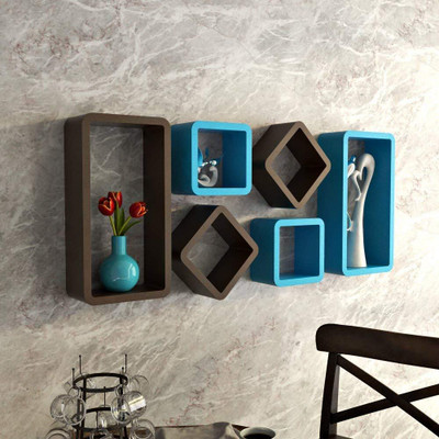 Wold Export WOLD EXPORT Engineered Wood Wall Shelf with Glossy Finish Decorative Cube Shelf Wooden Wall Shelf(Number of Shelves - 6, Blue, Brown)