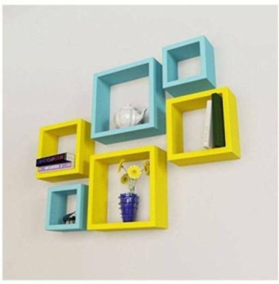 Brook Wood square set of 7 Wooden Wall Shelf(Number of Shelves - 6, Yellow, Blue)