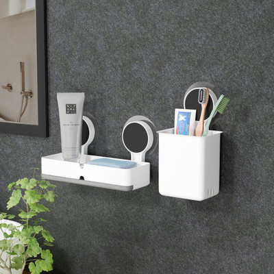 QXORE Wall Mounted Self Adhesive Toothbrush Holder with Soap Holder(White, Gray)