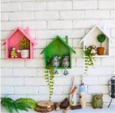 NationalArts NA2721 wooden wall shelf wall hanging wall decor mounted floating Wooden Wall Shelf(Number of Shelves - 3, White, Green, Pink)