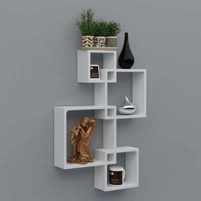 SAM Handicraft INTERLOCK WHITE-04 Wooden Wall Shelf(Number of Shelves - 4, White)