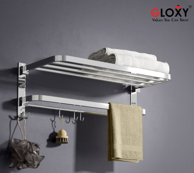 GLOXY Folding 24 Inches Large Towel Rack for Bathroom/Towel Stand for Bathroom Stainless Steel Wall Shelf(Number of Shelves - 1, Silver)