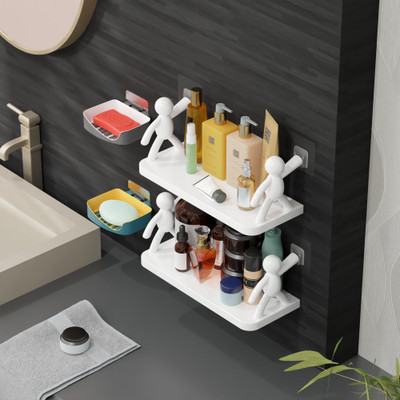 TIDYHACK PACK OF 2 Multipurpose Wall Mount Self Adhesive Floating Shelf NRS3.1129 Plastic Wall Shelf(Number of Shelves - 2, White)