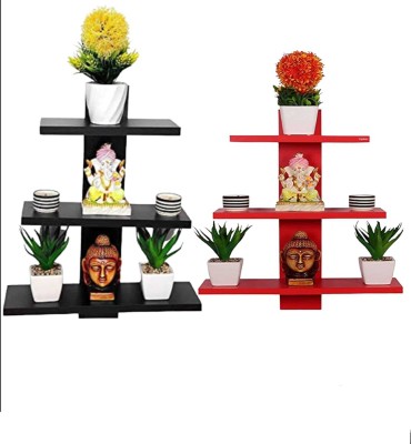 CraftOnline Wooden Wall shelves Pack Of 2 Red and black Tree Shape Wooden Wall Shelf(Number of Shelves - 2, Black, Red)