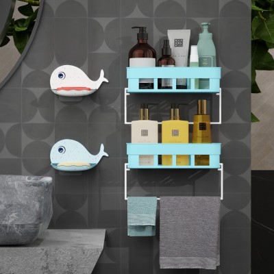 HK Bathroom Storage Shower Rack With Towel Hanger And fish Shape Soap Dish Holder Plastic Wall Shelf(Number of Shelves - 2, Blue)