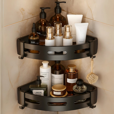 VRPRIME 2 Pc Self-Adhesive Aluminium Bathroom Corner Shelf | Space Saving Corner Rack Stainless Steel Wall Shelf(Number of Shelves - 2, Black)